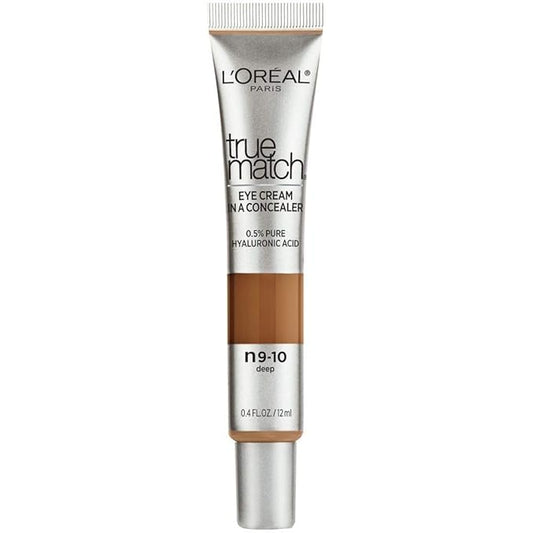 L’Oréal Paris True Match Eye Cream in a Concealer, 0.5% hyaluronic acid, Deep N9-10, 0.4 fl. oz.