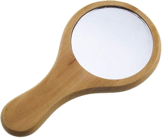 1 Piece Mini Portable Wood Makeup Mirror Handmade Portable Handle Round Cosmetic Mirror with Single Handle Personal Vanity Cosmetic Wooden Handheld Mirror, 7.1x 13.5cm