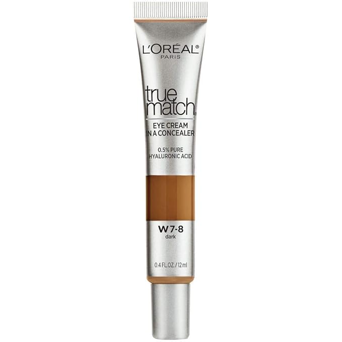 L’Oréal Paris True Match Eye Cream in a Concealer, 0.5% hyaluronic acid, Dark W7-8, 0.4 fl. oz.