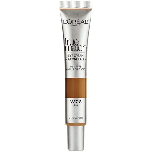 L’Oréal Paris True Match Eye Cream in a Concealer, 0.5% hyaluronic acid, Dark W7-8, 0.4 fl. oz.
