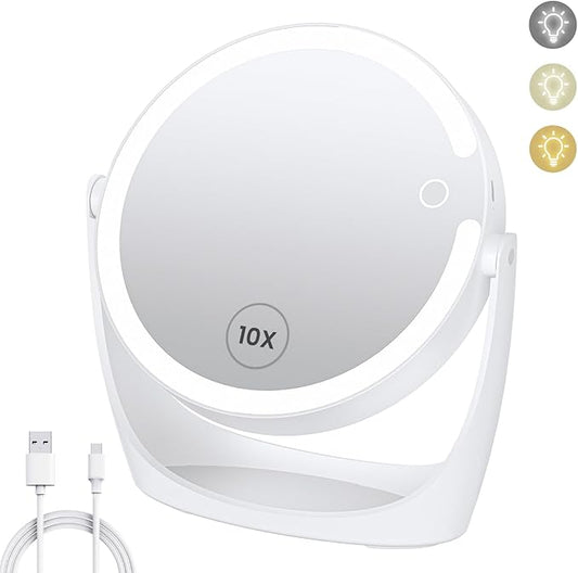 Vanity Magnifying Mirror with Light: 10x Magnifying Mirror with Adjustable 3 Color Brightness - Rechargeable Double Sided Makeup Mirror with 360° Rotation,Perfect Travel Table Mirror