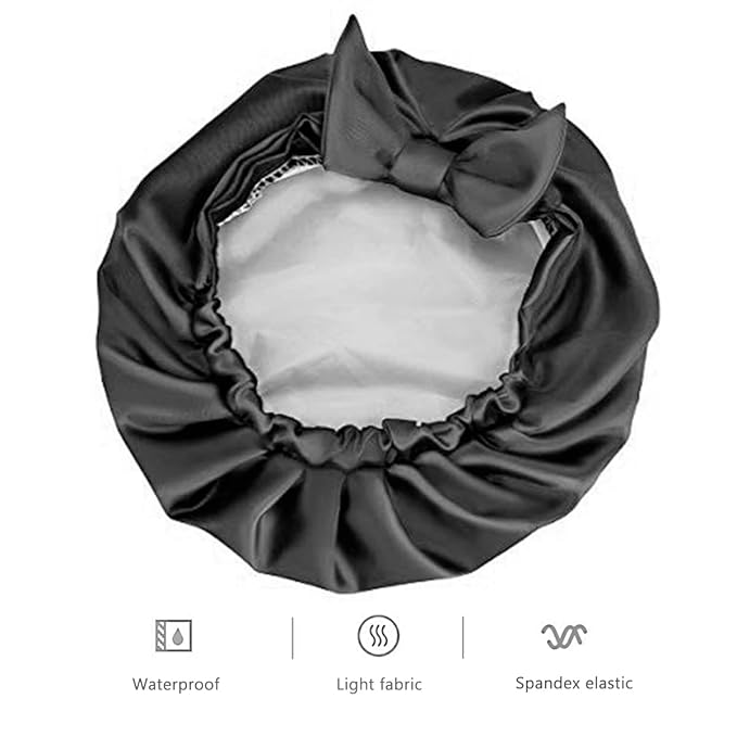 Auban Extra Large Bowknot Shower Caps, Double Layer, Reusable with Silky Satin for Women, Ideal for Beauty Bathing, Hair Spa, and Travel Use