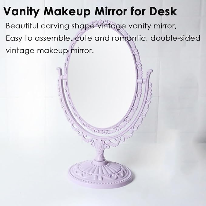 AKOAK 1 Pack Desktop Makeup Mirror, Oval Desk Makeup Mirror, Double-Sided 360-degree Rotating Makeup Mirror Bathroom Bedroom Makeup Mirror, Travel Mirror Suitable for Women (Purple)