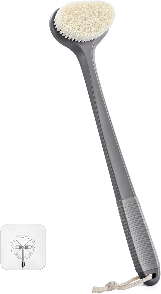 Back Scrubber for Shower with 17" Long Handle, Non-Slip Grip Shower Brush, Moderate Bristles Body Brush for Gentle Exfoliation, Back Brush for Shower Men & Women – Grey