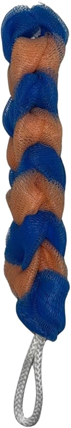 Long Reach Nylon Mesh Elastic Dual-Color Bathing Sponge for Soft Sensitive Skin (Apricot-Blue)