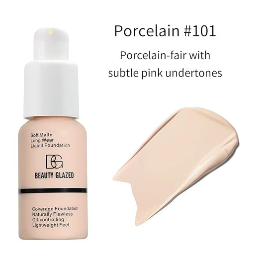 Beauty Glazed Soft Matte Silky Full Coverage Liquid Foundation - Multi-Use Buildable Foundation with Lightweight Feel, Oil Control and Longwear for Naturally Flawless Coverage (101 Porcelain)
