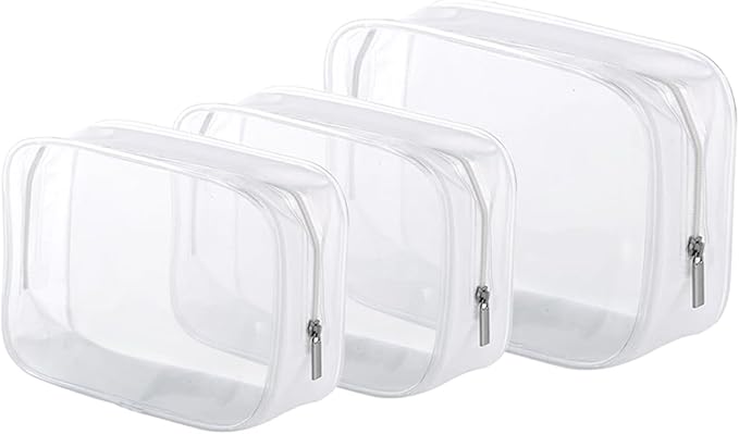 3 Pack Clear Plastic Zippered Toiletry Carry Pouch TSA Approved Toiletry Bag Portable Cosmetic Makeup Bag for Vacation, Bathroom and Organizing (White 3Pcs, Small/Large)