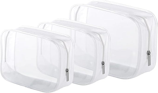 3 Pack Clear Plastic Zippered Toiletry Carry Pouch TSA Approved Toiletry Bag Portable Cosmetic Makeup Bag for Vacation, Bathroom and Organizing (White 3Pcs, Small/Large)