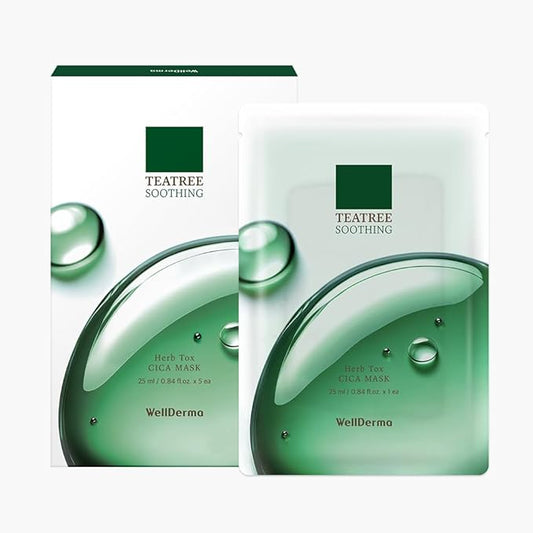 WELLDERMA Tea Tree Herb Soothing Mask Pack, 25ml x 5 Sheets – Hydrating & Refreshing Face Sheet Mask with Centella Asiatica & Green Tea Extract