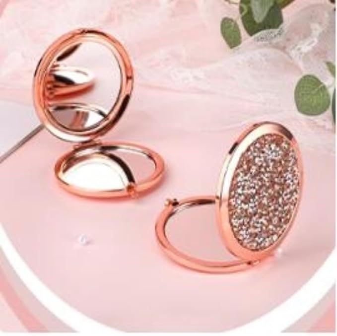 Magnifying Rose Gold Compact Mirror - Mix Diamond Mirrors 1x/2x Magnification Travel Makeup Mirrors,Double Sided Small Pocket Mirror,Folding Purse Mirror,Cosmetic Mirror for Gift