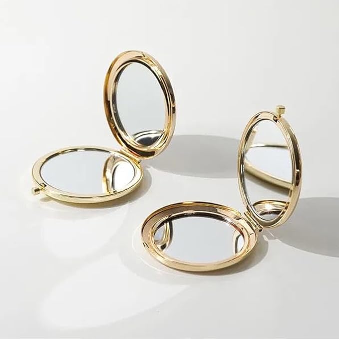 2pcs Magnifying Compact Mirrors Pocket Makeup Mirror 1X 2X Folding Cosmetic Mirror Foldable Mini Round Travel Mirrors 2.75 Inch Sturdy Metal with Diamonds Gifts for Women Girls (Golden)