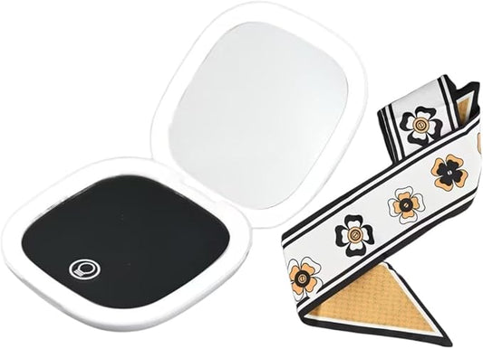 Makeup Mirror with Lights - Dual-Sided White LED Pocket Mirror, 1X/5X Magnifying Travel Mirror, 3 Light Modes, Rechargeable Handheld Mirror for On-The-Go Makeup, Grooming, and Gifts