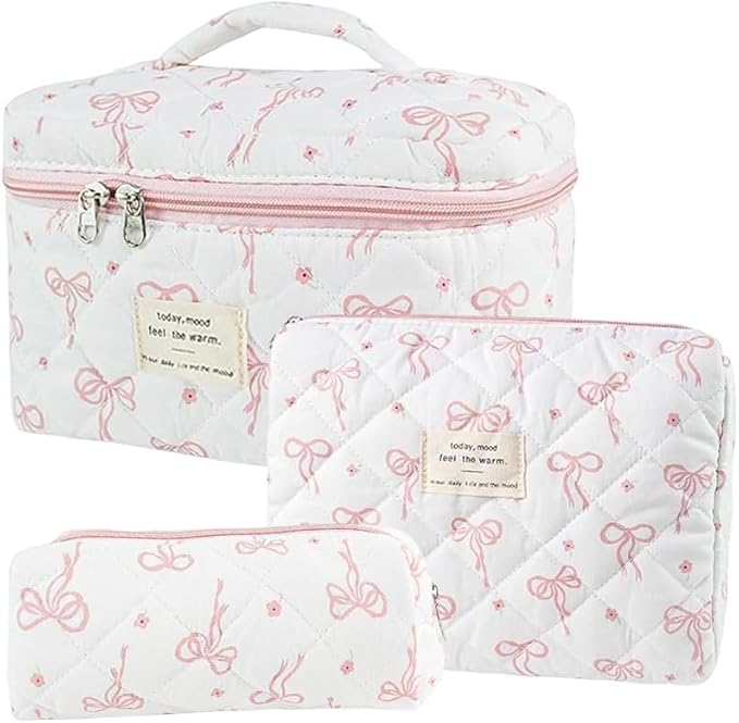 3 Pcs Quilted Makeup Bag Set,Coquette Bow Make Up Bag,Cute Floral Makeup Bags Large Toiletry Cosmetic Bag Organizer for Women Girls (O-3PCS)