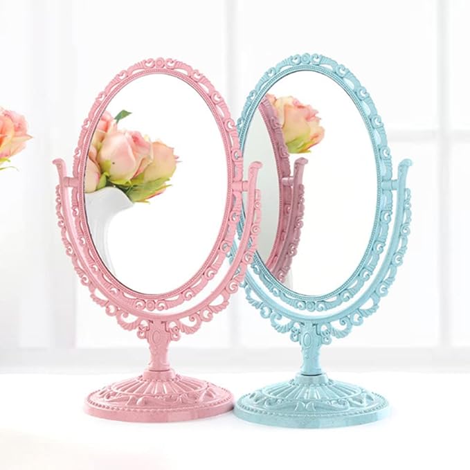 AKOAK 1 Pack Desktop Makeup Mirror, Oval Desk Makeup Mirror, Double-Sided 360-degree Rotating Makeup Mirror Bathroom Bedroom Makeup Mirror, Travel Mirror Suitable for Women (Blue)