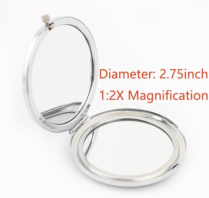 2pcs Magnifying Compact Mirrors 1X 2X Purse Pocket Makeup Mirror Folding Travel Mirrors Sturdy Metal with Diamonds Foldable Mini Round Cosmetic Mirror 2.75 Inch Gifts for Women Girls (Silvery)