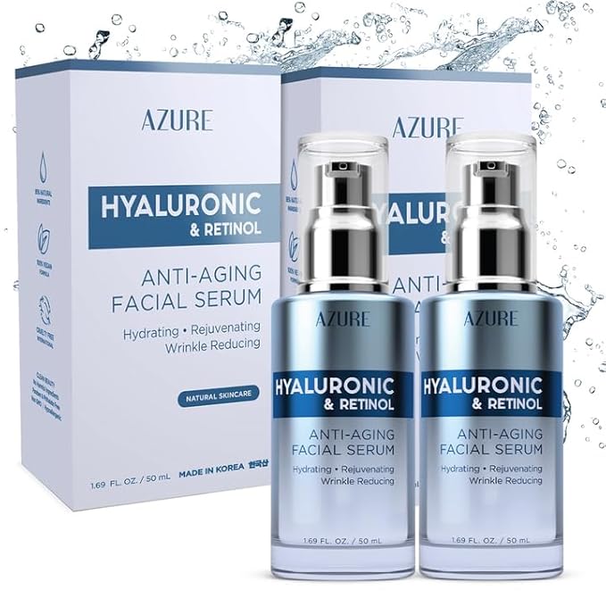 Azure Cosmetics Hyaluronic Acid Serum For Face - Ultra Hydrating, Dermatologist Tested, Anti-Aging Moisturizer for Dark Spots, Fine Lines & Wrinkles - Vegan, Clean Beauty, Korean Skin Care - 2 Pack