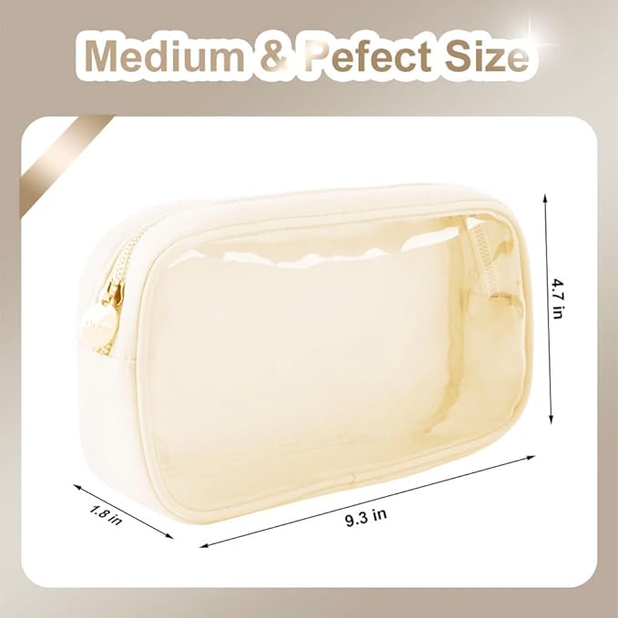 Medium Preppy Transparent Makeup Pouch Women Travel Clear TPU and Nylon Cosmetic Pouch (Medium, Beige)