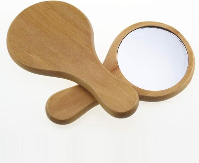 1 Piece Mini Portable Wood Makeup Mirror Handmade Portable Handle Round Cosmetic Mirror with Single Handle Personal Vanity Cosmetic Wooden Handheld Mirror, 7.1x 13.5cm