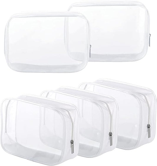 5 Pack Clear Plastic Zippered Toiletry Carry Pouch TSA Approved Toiletry Bag Portable Cosmetic Makeup Bag for Vacation, Bathroom and Organizing (White, Small)