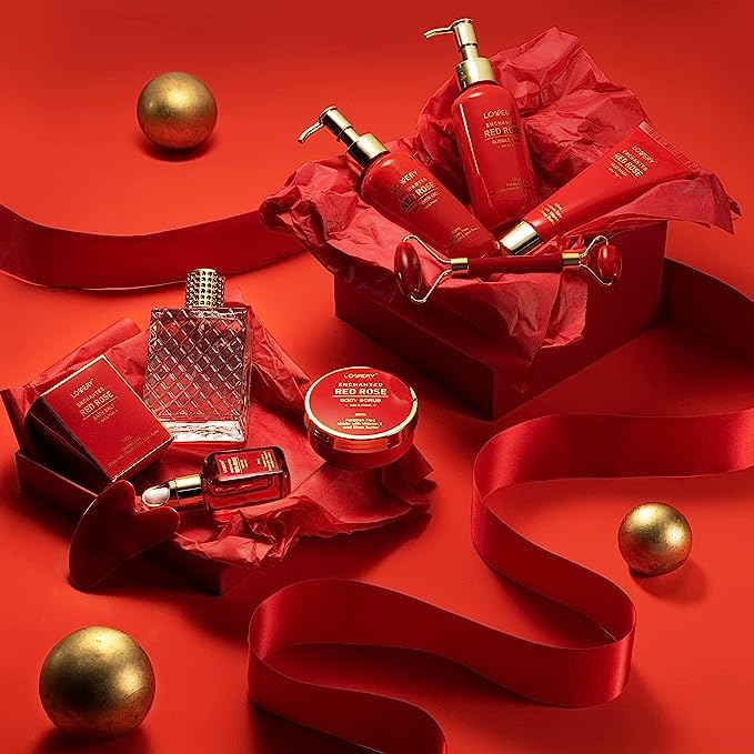 Christmas Gifts, Spa Gifts for Women, Bath and Body Gift Set, Red Rose Gift Basket Relaxation, Pampering, Thank You, Birthday Gifts for Mom Her with Perfume, Jade Roller, Quartz Gua Sha Stone & More