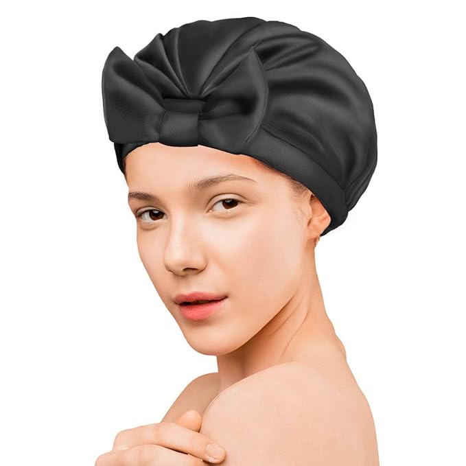 Auban Extra Large Bowknot Shower Caps, Double Layer, Reusable with Silky Satin for Women, Ideal for Beauty Bathing, Hair Spa, and Travel Use