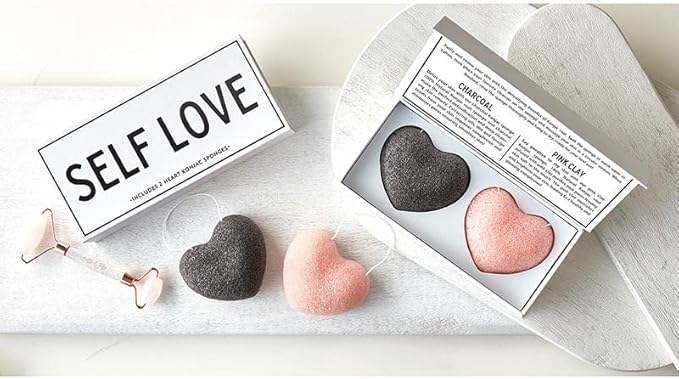 Balla Sleep + Spa Self Love Heart Konjac Root Facial Sponges for Gentle Face Cleansing and Exfoiliation, Charcoal and Pink Clay