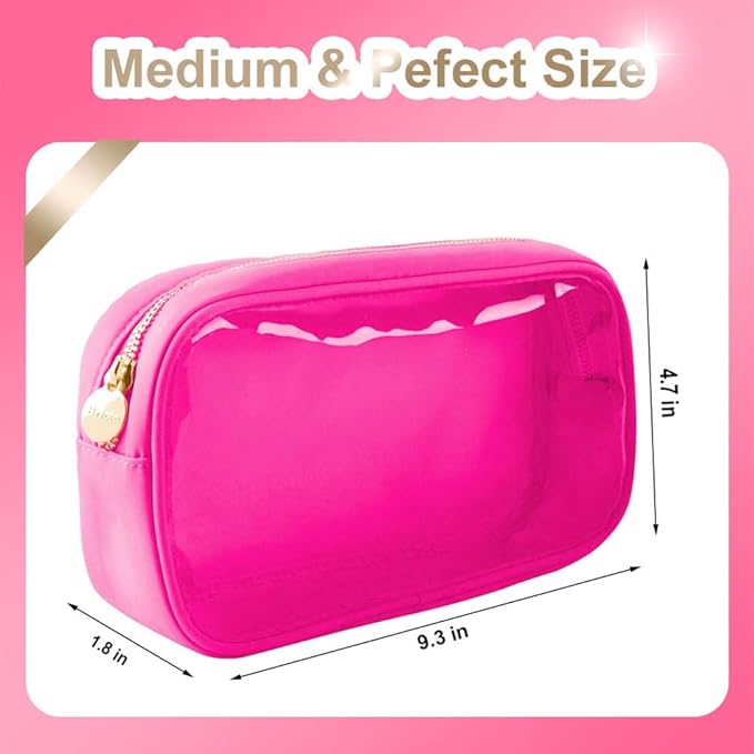 Medium Preppy Transparent Makeup Pouch Women Travel Clear TPU and Nylon Cosmetic Pouch (Medium, HotPink)