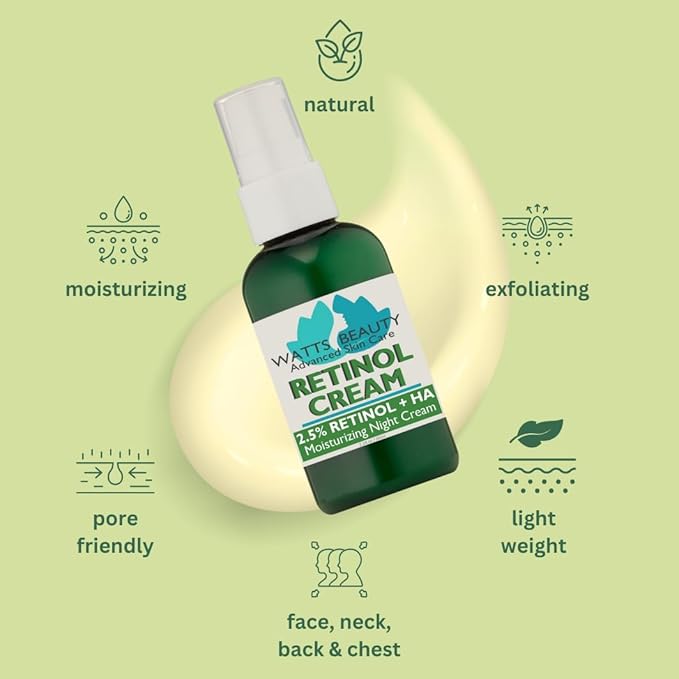 2.5% Retinol Cream for Face and Body - Lightweight, pore-friendly cream containing anti-aging retinol, hyaluronic acid, vitamin E, vitamin B5, and jojoba oil for all skin types - 2.24 oz