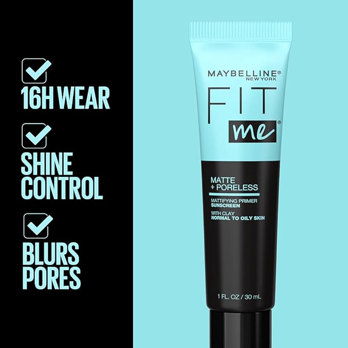 Maybelline Fit Me Matte + Poreless Mattifying Face Primer Makeup With Sunscreen, Broad Spectrum SPF 20, 16HR Wear, Shine Control, Clear, 1 Count