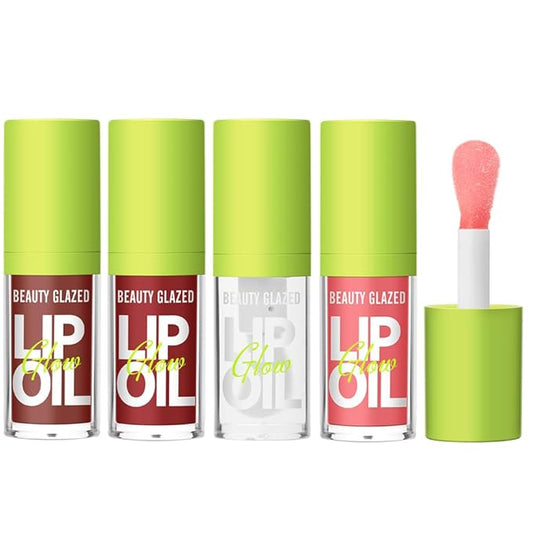 Beauty Glazed Big Brush Head Lip Oil, Ultra-Hydrating & Nourishing, Smooth Glossy Finish Lip Glow Oil, Shiny and Vegan Tinted Lip Gloss, Non-Sticky Formula (4, 101# 102# 105# 107#)