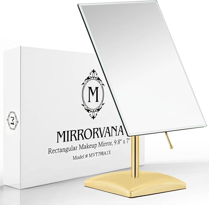 MIRRORVANA Large Free Standing Mirror - Frameless, Gold-Plated, Beveled Design for Desk, Retail Counter, Bathroom and Vanity Dressing Table (9.8" x 7")