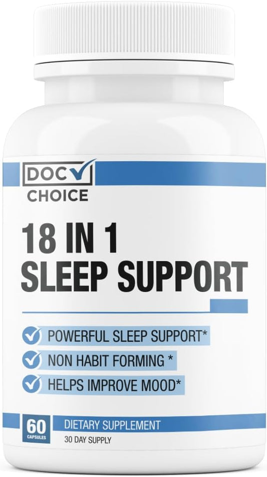 Doc Choice - 18 in 1 Sleep Support New for Adults Total Formula | Mood, Sleep, Restfulness Support | 18 Research Backed Ingredients | Melatonin, Magnesium, GABA, Ashwagandha & More - 60 Caps