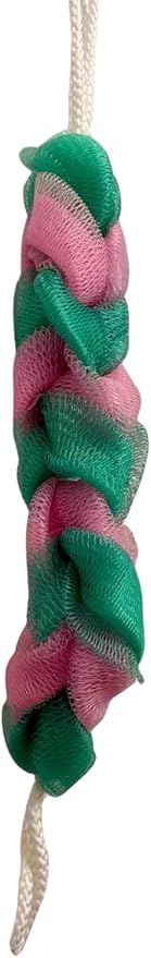 Long Reach Nylon Mesh Elastic Dual-Color Bathing Sponge for Soft Sensitive Skin (Green-Pink)