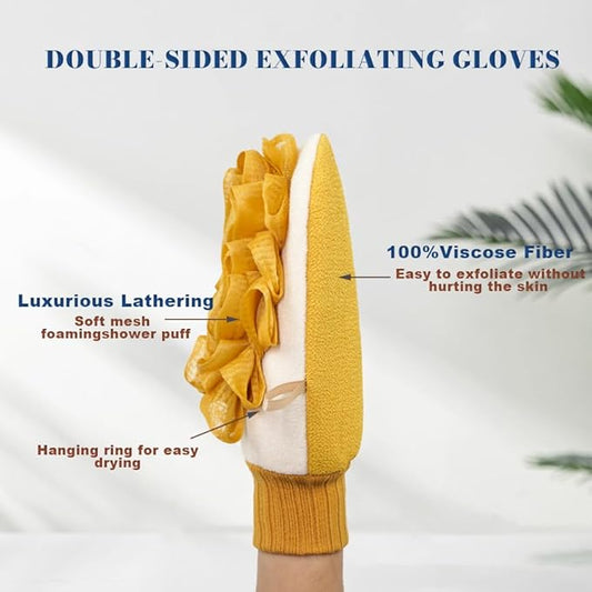 Deep Exfoliating Glove for Shower, Double-Sided Exfoliating Mitt,Massage Body Scrub Gloves for Home Spa, Eco Friendly loofah Sponge, Dead Skin Remover & Body Scrubber Exfoliator (Yellow)