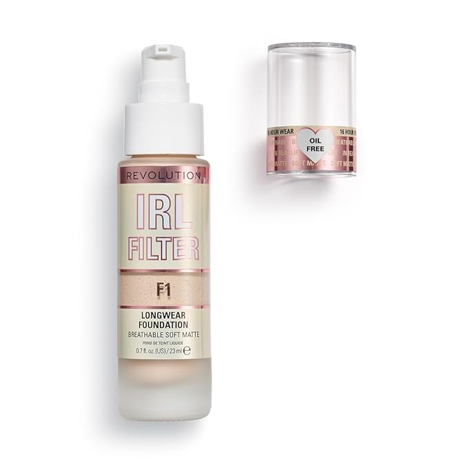 Revolution, IRL Filter Longwear Foundation, Soft & Breathable Formula, Medium to Full Coverage, Matte Finish, F1, 0.7 fl oz