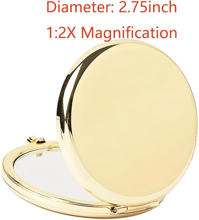 2pcs Magnifying Compact Mirrors Pocket Makeup Mirror 1X 2X Folding Cosmetic Mirror Foldable Mini Round Travel Mirrors 2.75 Inch Sturdy Metal with Diamonds Gifts for Women Girls (Golden)