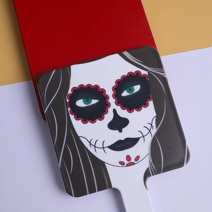 2Pcs Creative Hand Held Makeup Mirror with Printed Skull Makeup Mirror for Women,Girls, Square