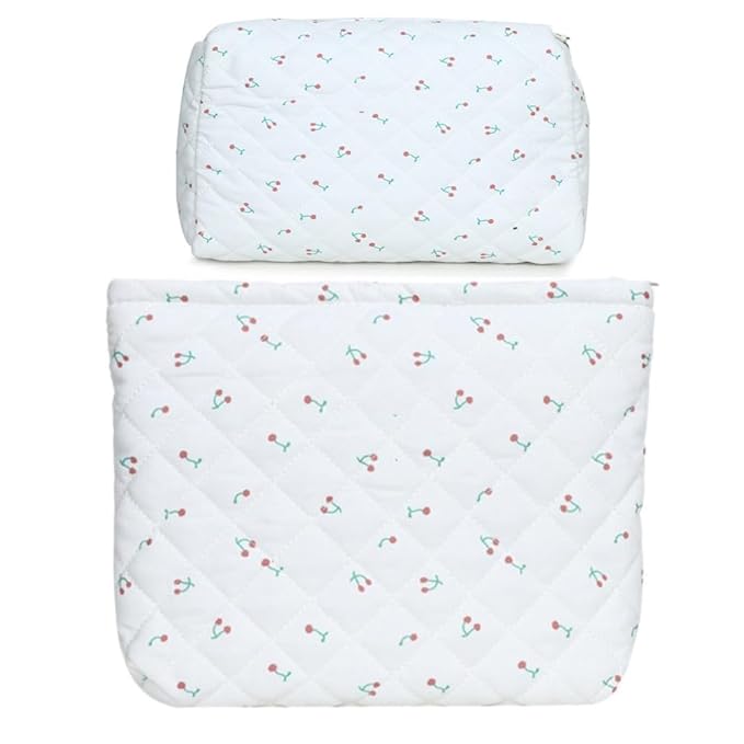 2 Pieces Portable Makeup Bag Travel Small Zipper Cosmetic Bags Organizer for Women Handbag Toiletry Storage Pouch Waterproof Quilting Purse,White Cherry