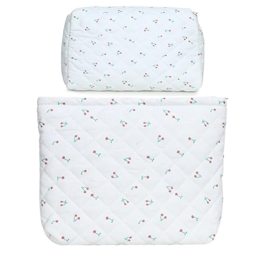 2 Pieces Portable Makeup Bag Travel Small Zipper Cosmetic Bags Organizer for Women Handbag Toiletry Storage Pouch Waterproof Quilting Purse,White Cherry