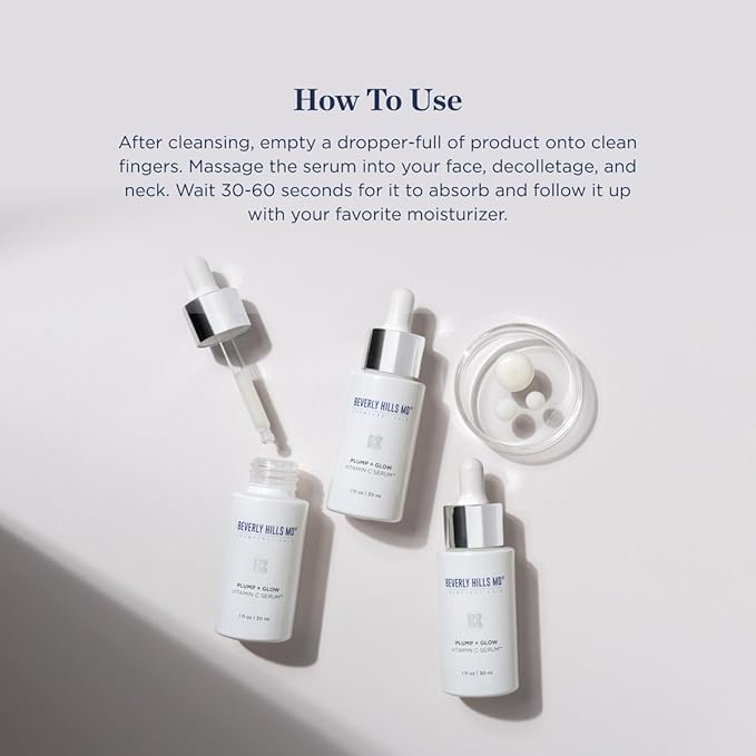 Beverly Hills MD Plump + Glow Vitamin C Serum for Aging Skin- Plumping Anti Wrinkle Lines Formula - Smooth, Firm, Brighten Skin w/Kakadu Plum, Niacinamide, Pomegranate Oil, Red Algae Extracts