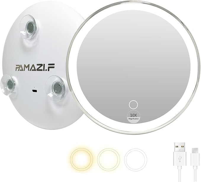 10X Magnifying Mirror Suction Cup with Light, Rechargeable Lighted Makeup Mirror, Compact Portable Bathroom Mirror for Travel