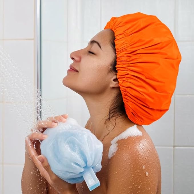 Reusable Shower Cap for Women, Large Waterproof Shower Essentials Bonnet Washable Elastic Band Bath Hair Wrap Hat for Long Hair, Braids(Orange)