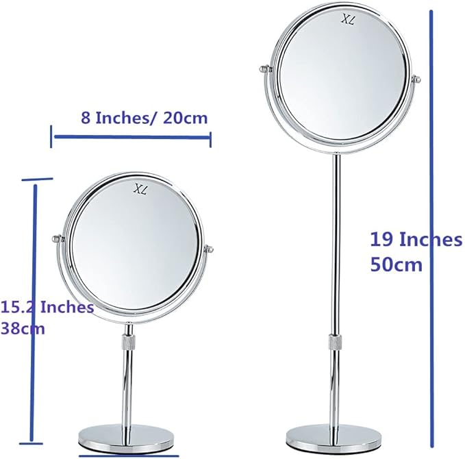 19 Inch Tabletop Makeup Mirror 8 Inch Double-Sided 7X Magnification, High Adjustable Mirror with Pedestal for Bathroom, Standing Chrome Finish (Silver)
