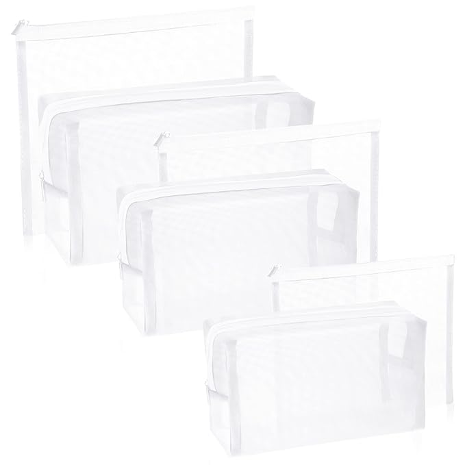 6 Pieces Mesh Makeup Bags Mesh Cosmetic Bag Portable Travel Organizing Zipper Pouch Toiletries Makeup Pouches for Home Office Travel Accessories (White)