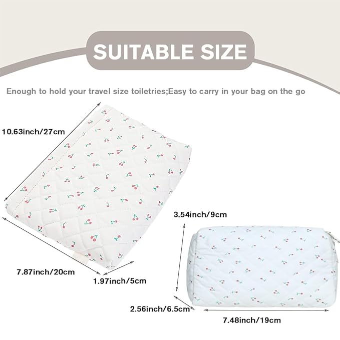 2 Pieces Portable Makeup Bag Travel Small Zipper Cosmetic Bags Organizer for Women Handbag Toiletry Storage Pouch Waterproof Quilting Purse,White Cherry