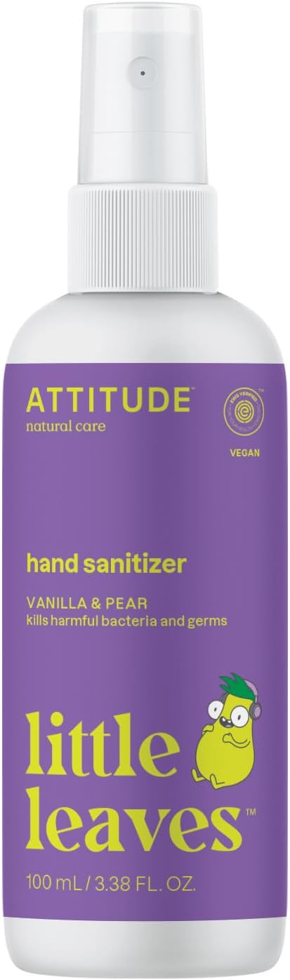 ATTITUDE Hand Sanitizer Spray for Kids & Adults, EWG Verified, Travel Size, Dermatologically Tested, Plant and Mineral Based, Vegan, Vanilla and Pear, 3.5 Fl Oz (Spray Bottle)