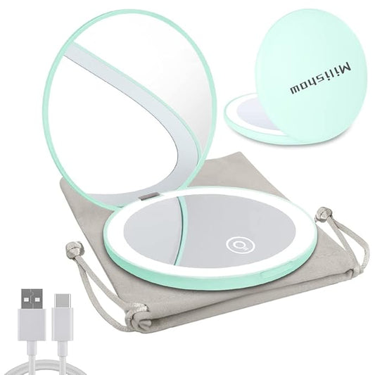 Compact Mirror with LED Light,1x/10x Magnifying Rechargeable Mirror,3.5in, Dimmable Travel Mirror for Purse,Pocket,Handheld 2-Sided Makeup Mirror