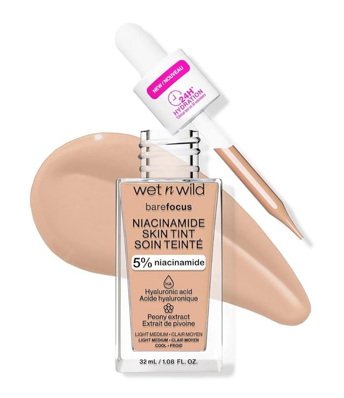 wet n wild Bare Focus Skin Tint, 5% Niacinamide Enriched, Buildable Sheer Lightweight Coverage, Natural Radiant Finish, Hyaluronic & Vitamin Hydration Boost, Cruelty-Free & Vegan-Light Medium Sand