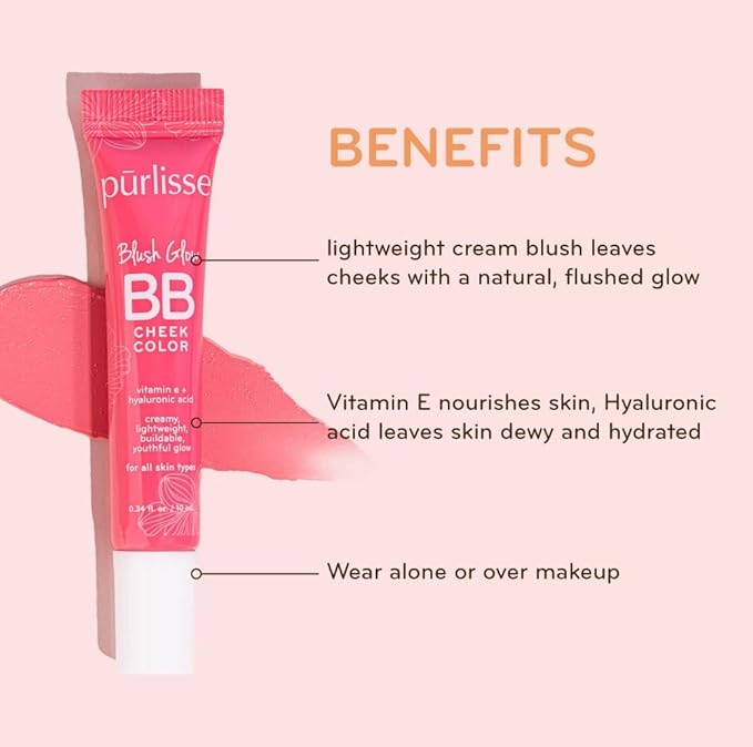 pürlisse Blush Glow BB Cheek Color - Dewy Liquid Blush for Cheeks - Enriched with Vitamin E & Hyaluronic Acid - Creamy, Lightweight & Buildable - Hydrating & Nourishing - Petal Pink (0.34 Fl oz)