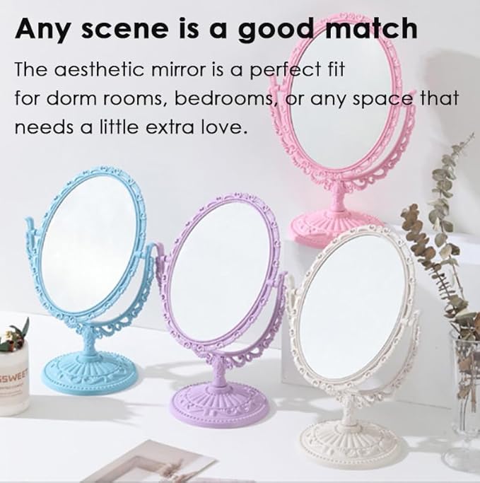 AKOAK 1 Pack Desktop Makeup Mirror, Oval Desk Makeup Mirror, Double-Sided 360-degree Rotating Makeup Mirror Bathroom Bedroom Makeup Mirror, Travel Mirror Suitable for Women (Purple)